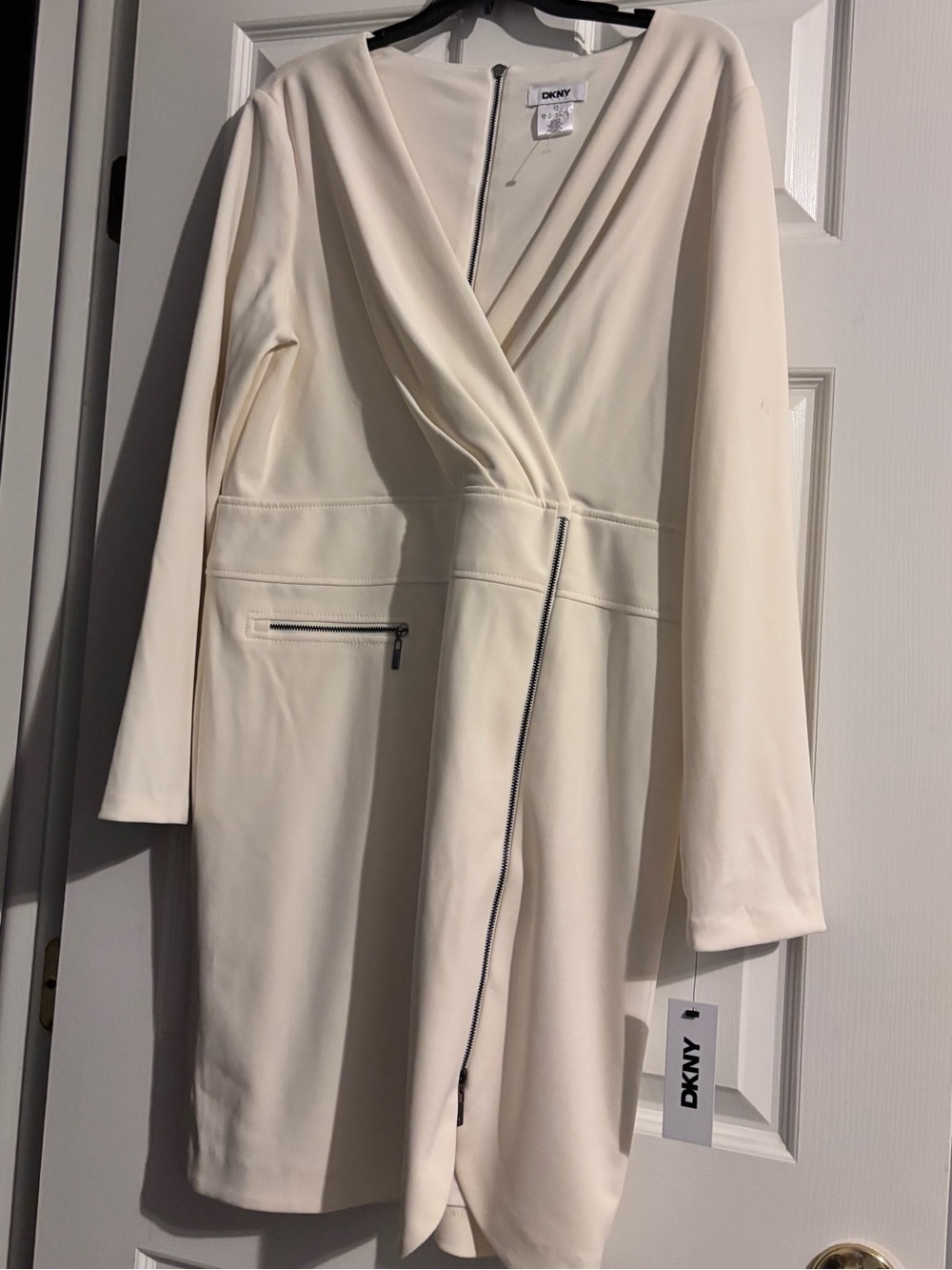 DKNY Cream Draped V-Neck Dress with Exposed Back Zip